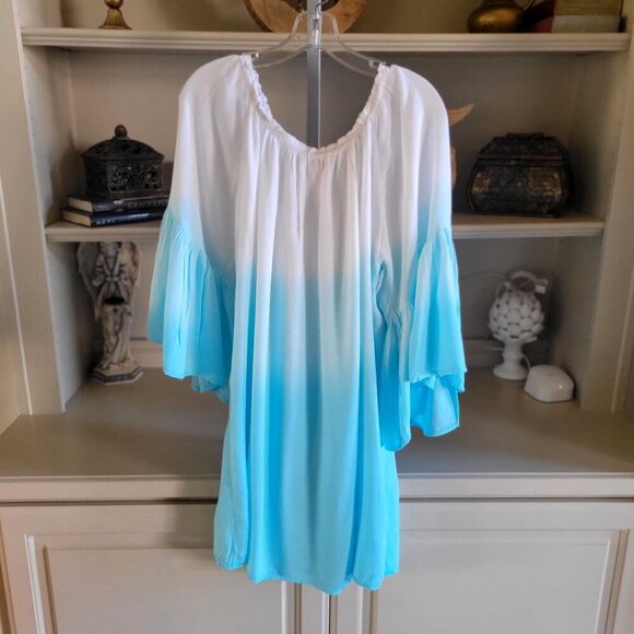 7 islands Blue White Ombre Off Shoulder Bell Sleeve Cover Up-L - Picture 4 of 7